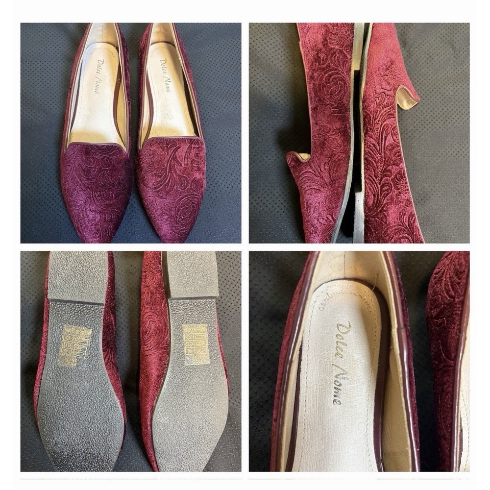 Dolce Nome Pico Burgundy Velvet Floral Damask Pointed Toe Mules Flat Shoes~Sz 7M